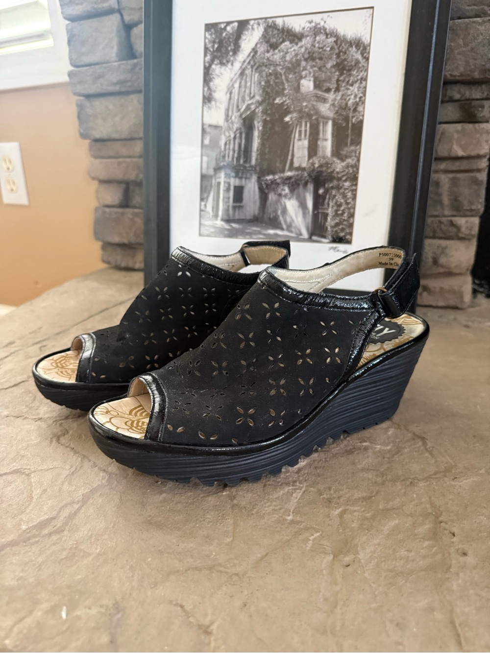 Fly London Black Perforated Nubuck Wedge Sandals EU 39 Women's